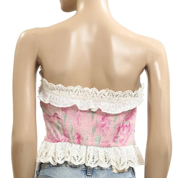 Free People Dolly Tube Cropped Top Floral Printed Smocked Ruched Lace S 283536 - Picture 6 of 7